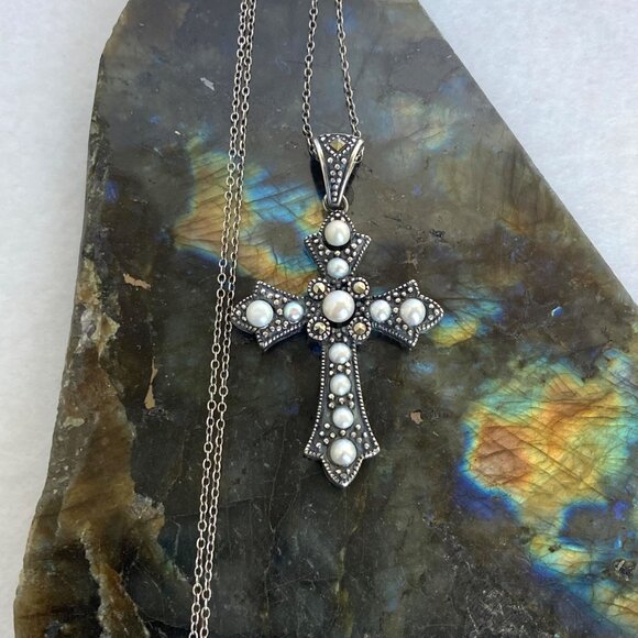Oxidized Sterling Silver 925 Pearl Marcasite Cross Pendant Necklace 19.5" Chain - Picture 13 of 16